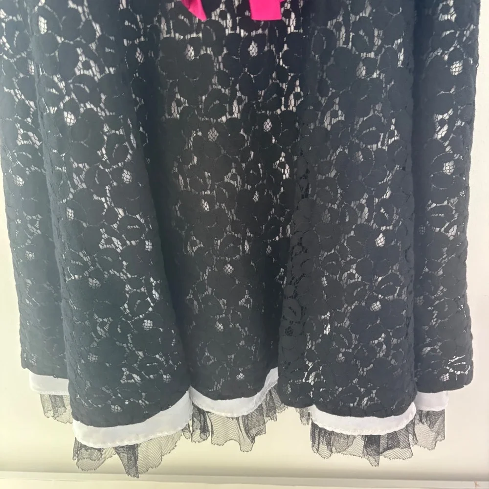Emily West Girls Size 14.5 Black Lace Dress Pink‎ Ribbon White Layered Hem Party